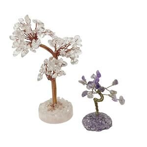 Pink Quartz and Amethyst Small Mini Gemstone Bonsai Trees Lot Chakra Healing